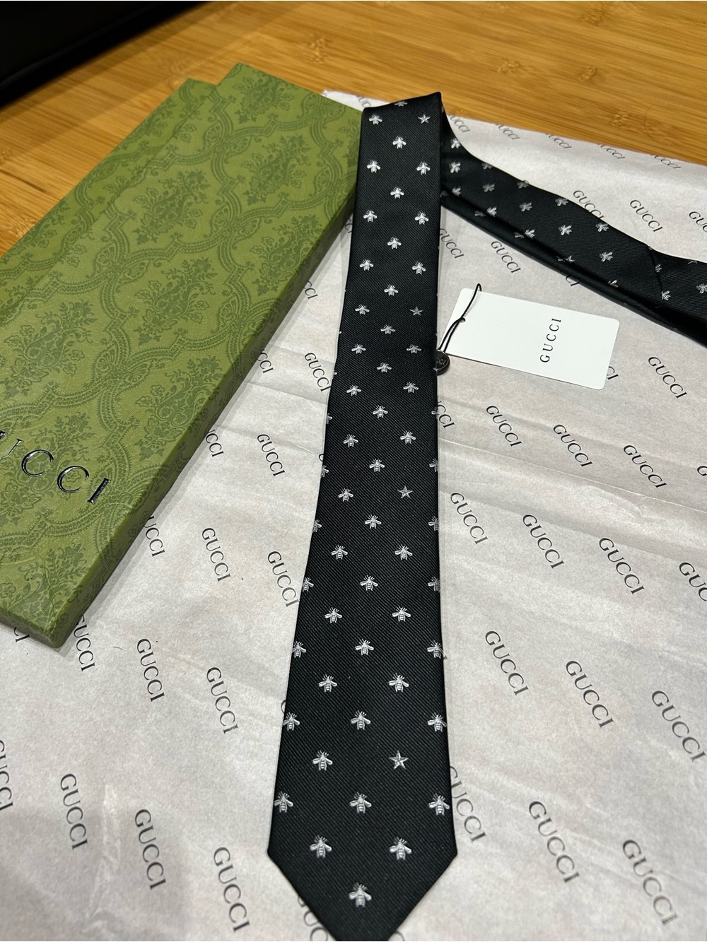 Gucci Black Silk Tie with Silver Bee & Star Motifs